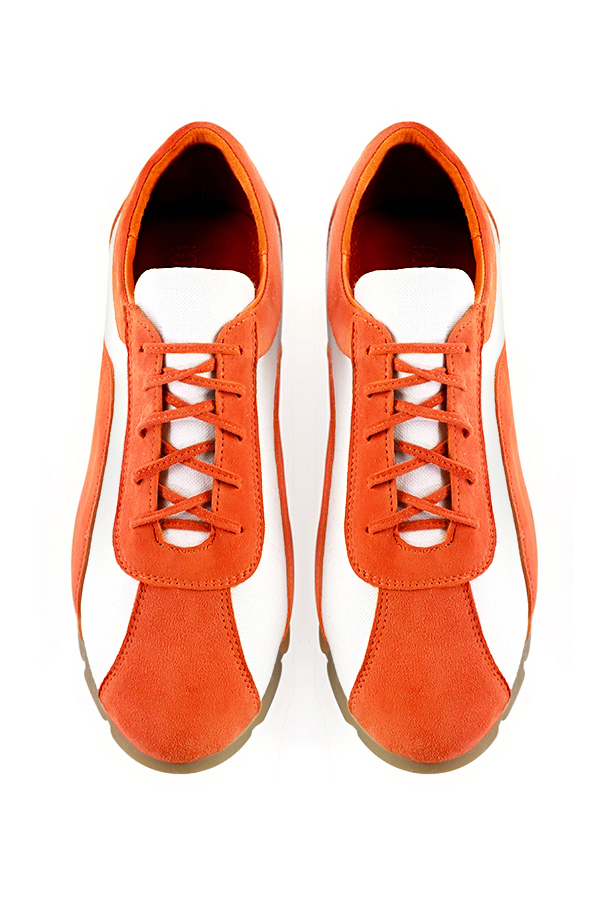 Clementine orange and off white women's elegant sneakers. Round toe. Flat rubber soles. Top view - Florence KOOIJMAN